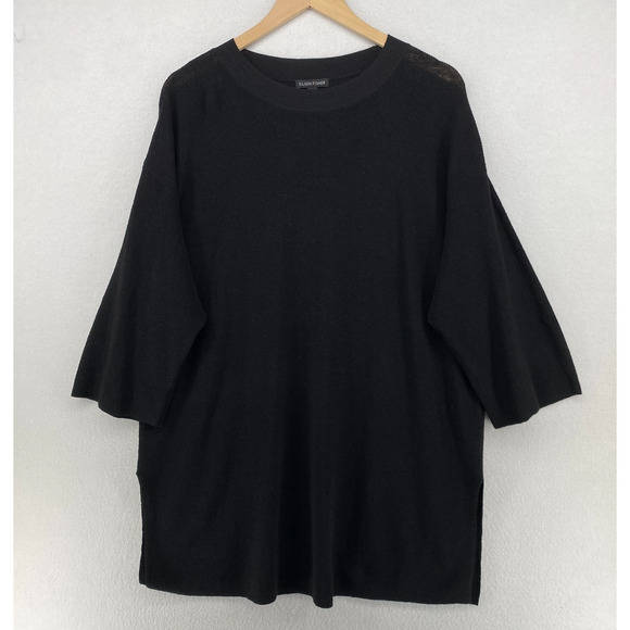 Eileen Fisher Sweaters - EILEEN FISHER Sweater S M Organic Linen Blend Ribbed Tunic 3/4 Sleeve Black
